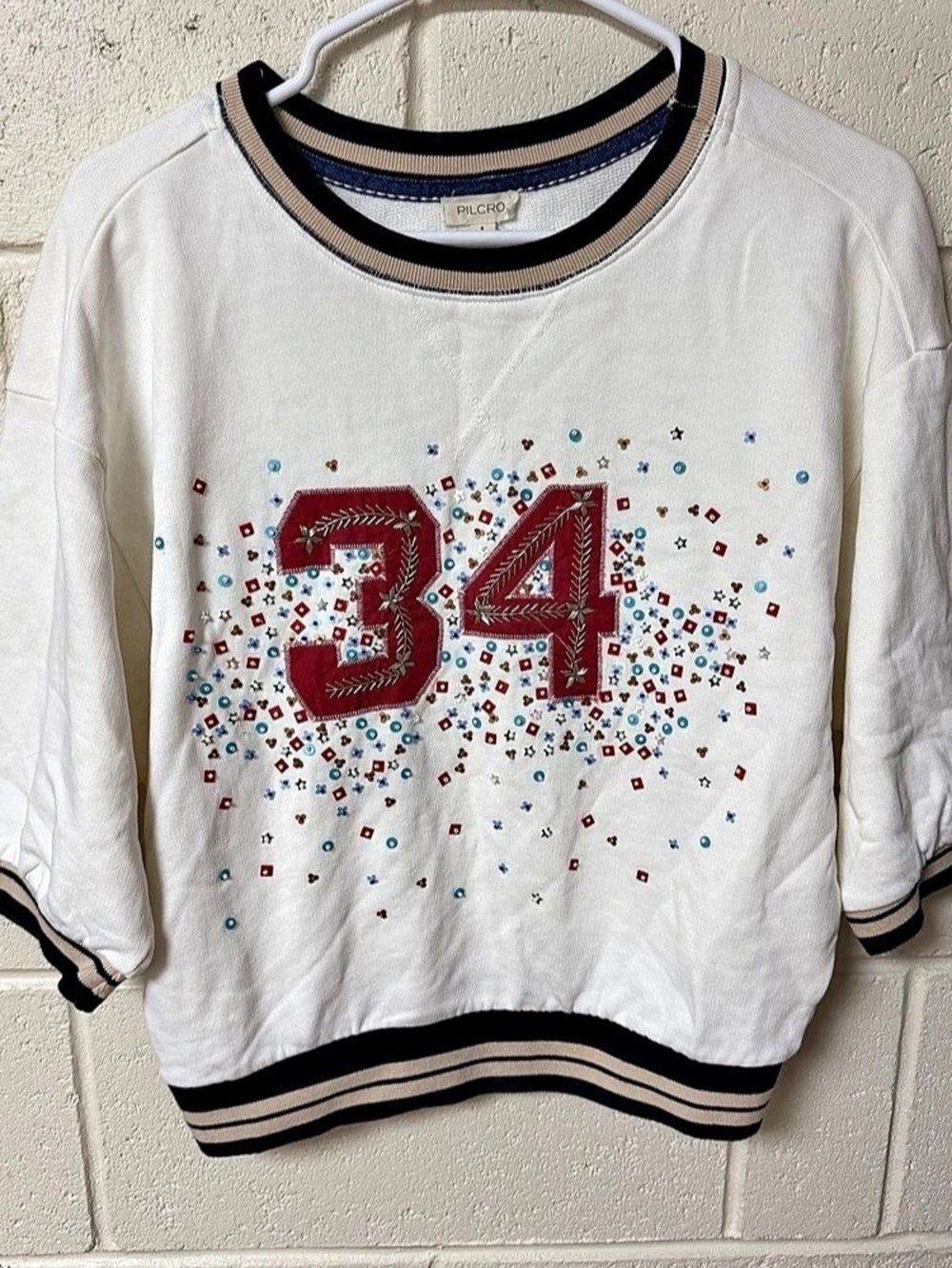 Anthropologie PILCRO Sequin Number 34 Embellished Sweatshirt White & Red Small